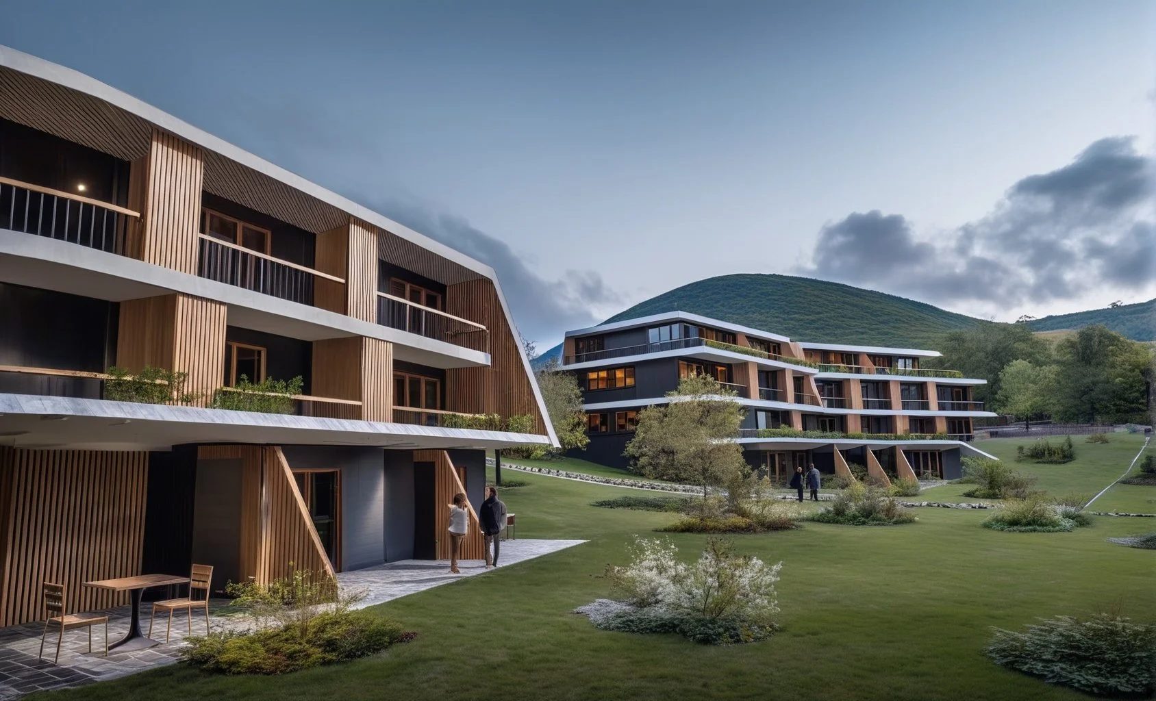 A modern architectural render showing a multi-level building with balconies, landscaped terraces, and people walking and relaxing in the outdoor areas, with a backdrop of green grass and a clear sky.