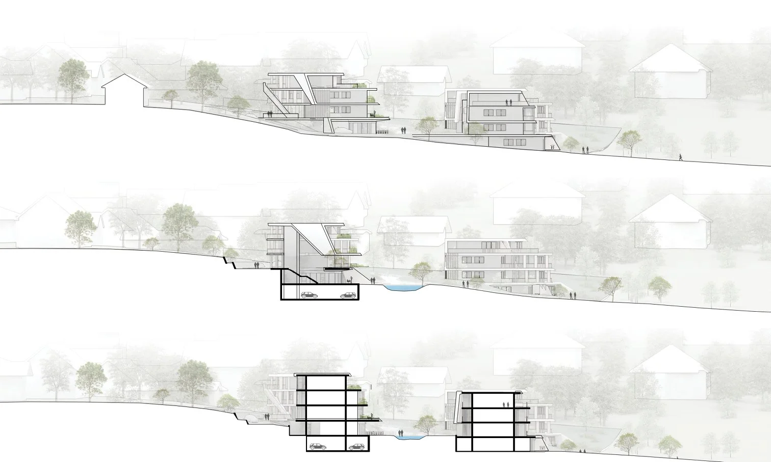 Architectural section drawing showing a multi-level building with terraces and landscaping integrated into a hillside.