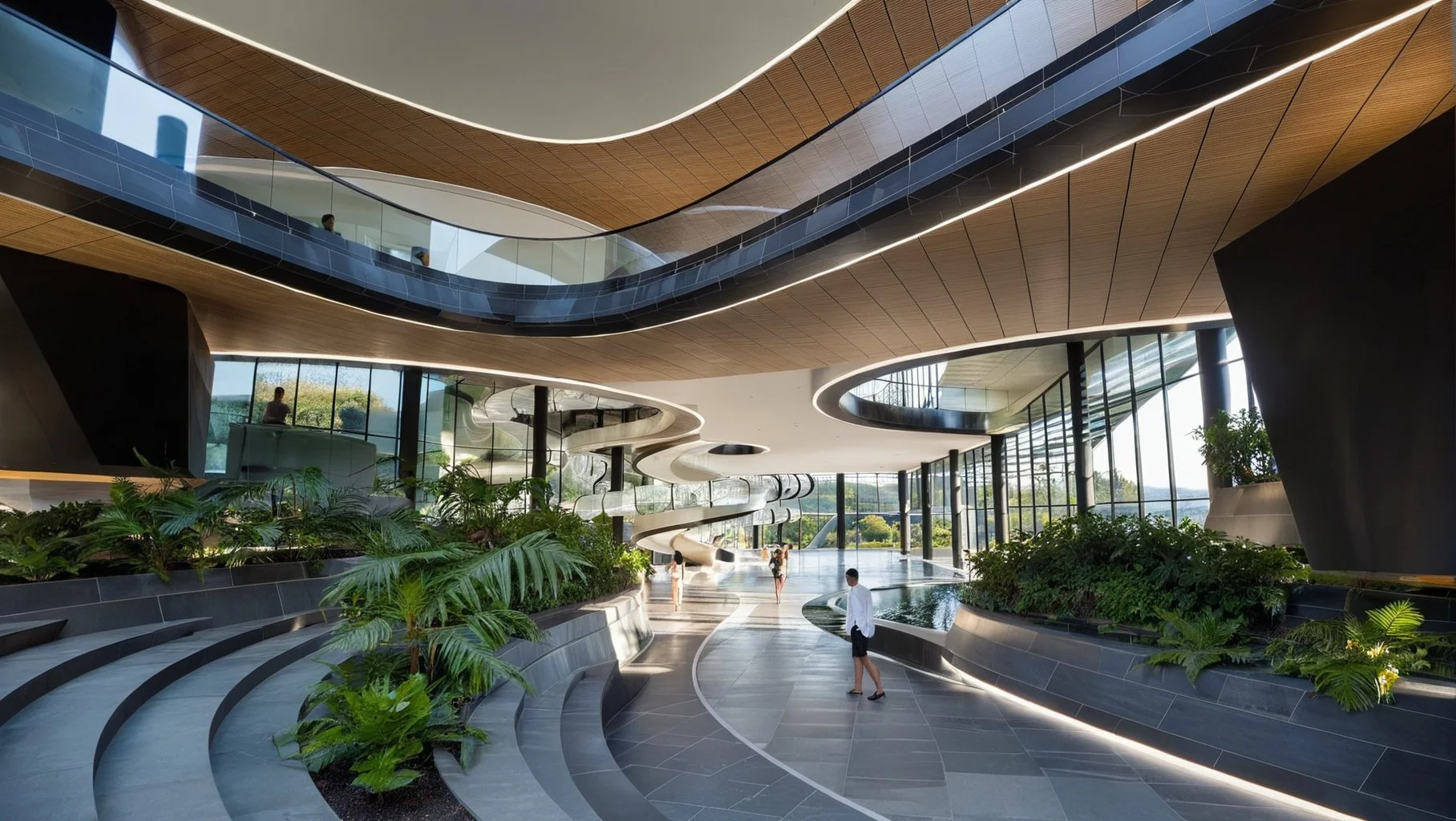 Modern architectural interior with flowing organic shapes, ambient lighting, and people walking through a spacious wellness spa lobby.