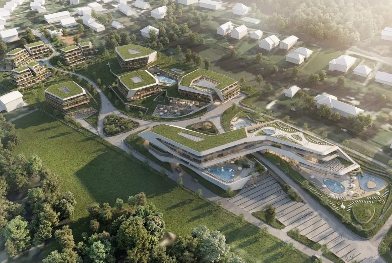 A modern architectural complex with multiple buildings featuring green roofs, surrounded by lush greenery and trees. The area includes swimming pools, landscaped gardens, and pathways, with a nearby residential neighborhood visible in the background.
