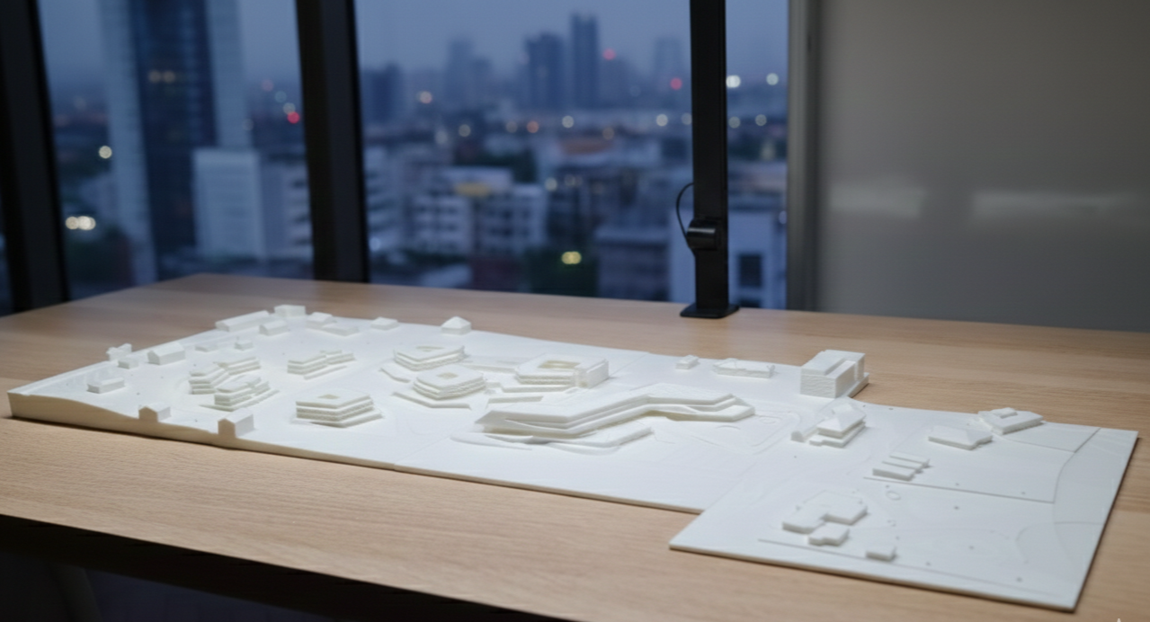 White architectural model on a wooden table with city skyline view in the background.