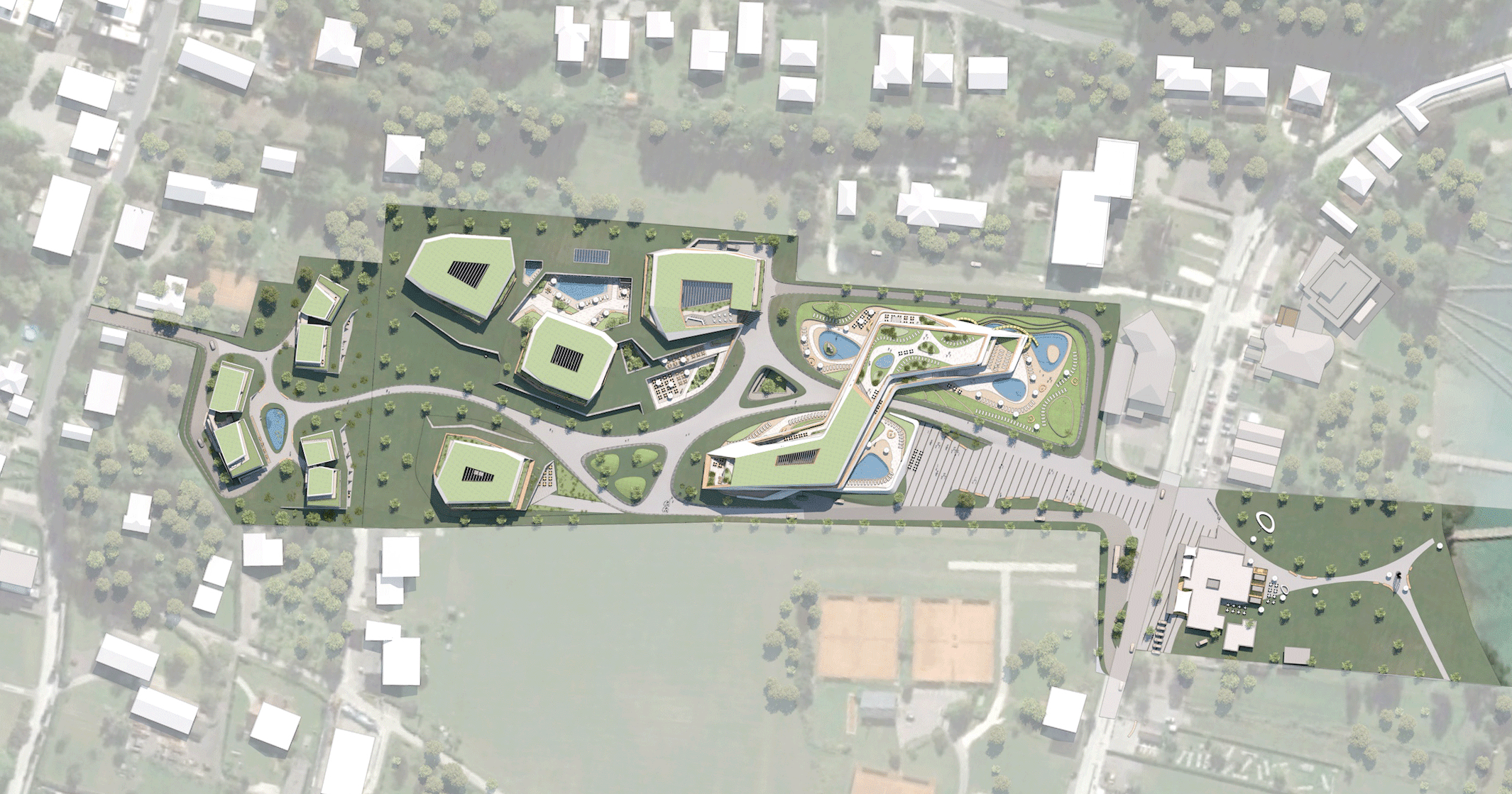 Aerial view of the development site showing the phased development plan.