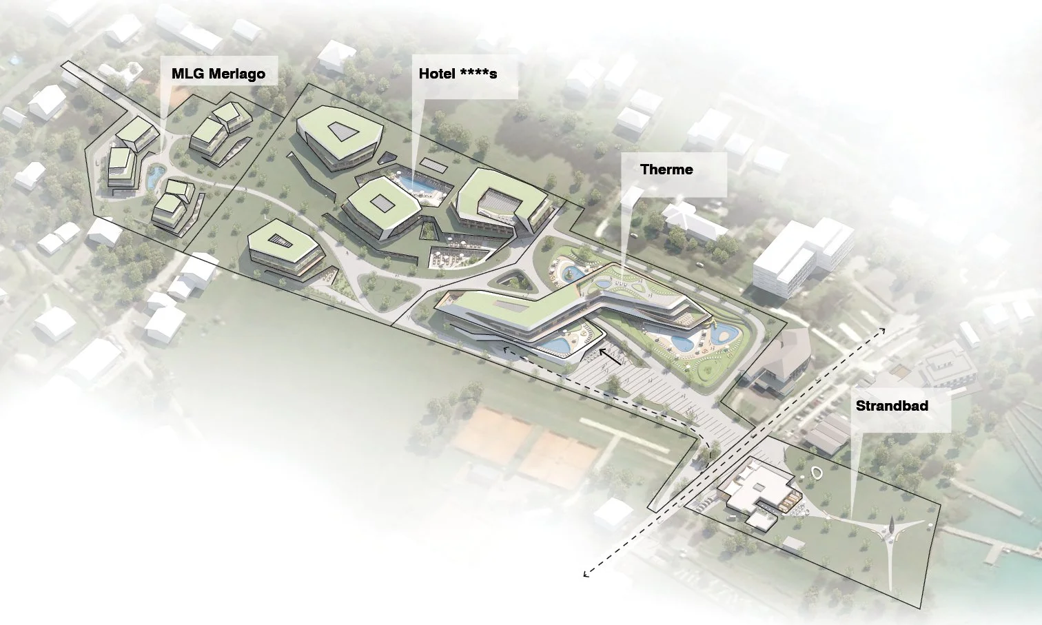 A detailed aerial site plan showing various buildings and amenities.